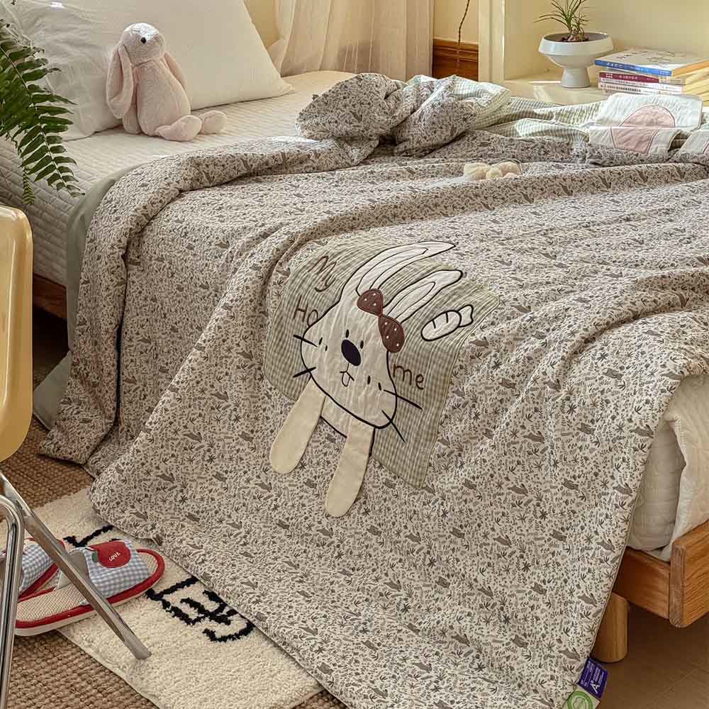 Willowmere Domi Bunny Cotton Linen Applique Hand-Stitched Quilt - image 2