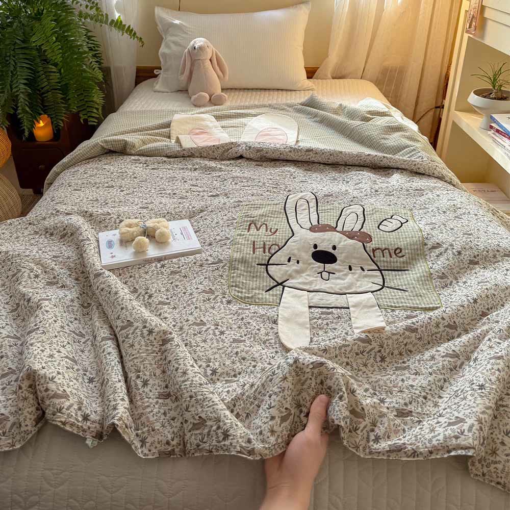 Willowmere Domi Bunny Cotton Linen Applique Hand-Stitched Quilt - image 6