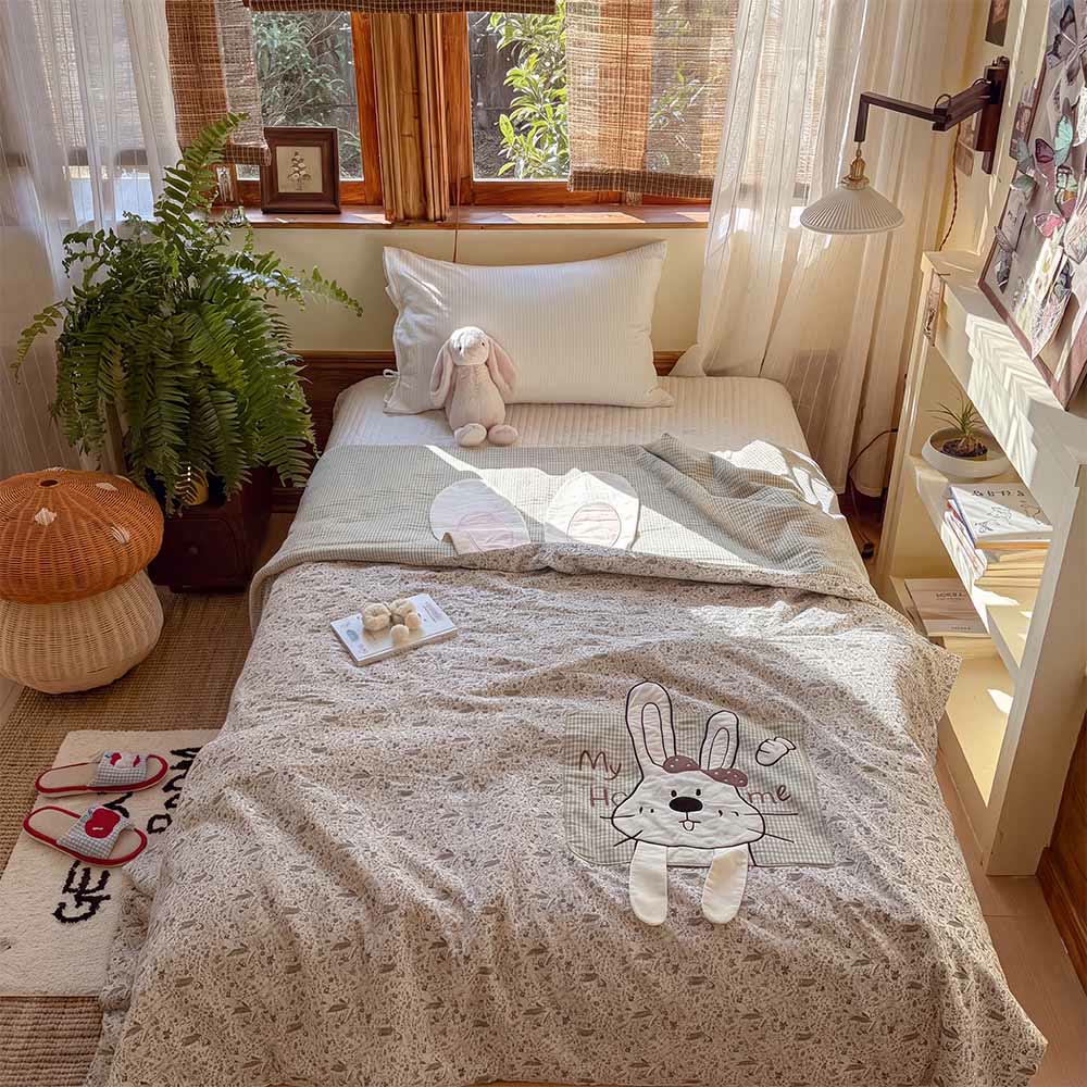 Willowmere Domi Bunny Cotton Linen Applique Hand-Stitched Quilt - image 0